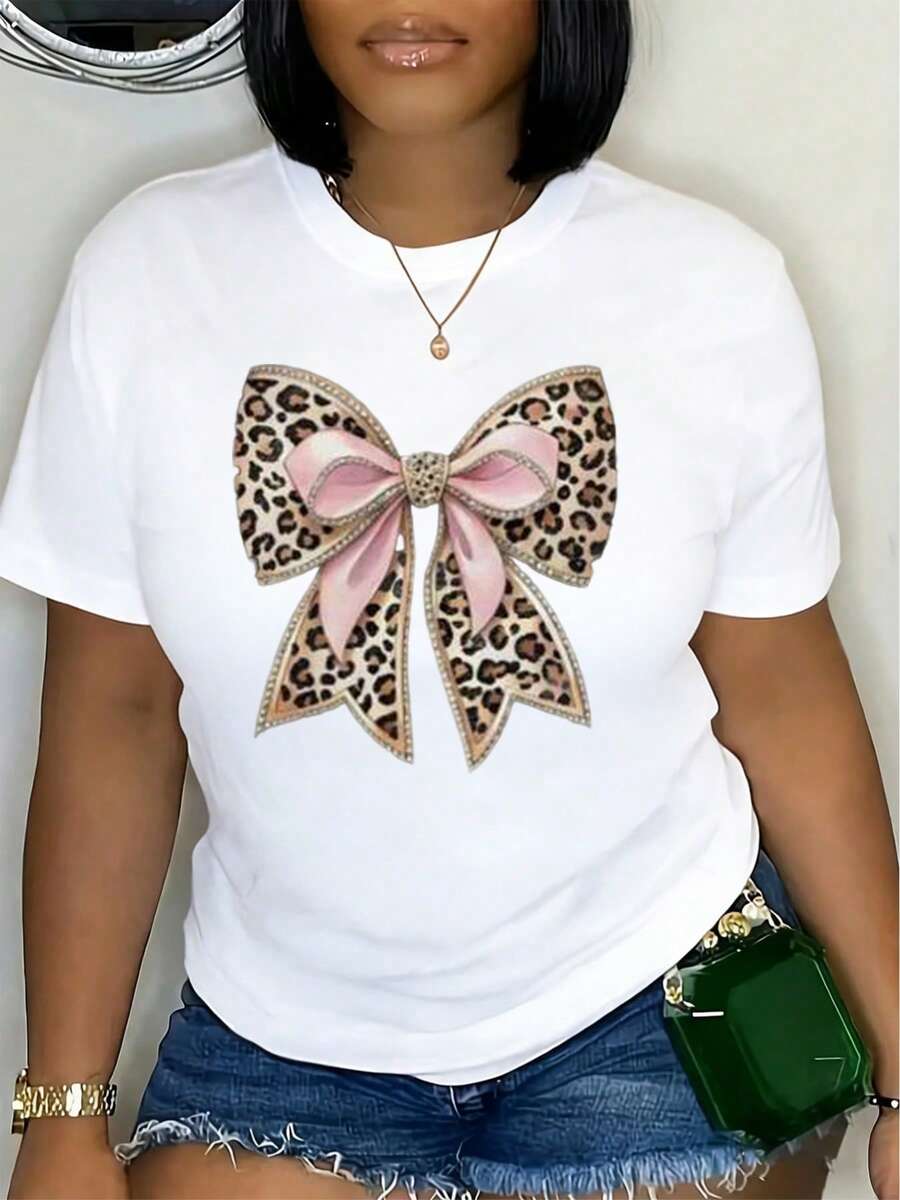 Estampado de lazo leopardo con cinta rosa camiseta básica estilo casual para mujer verano detalles elegantes para fiesta y ocio 220g - Blanco - Ver 1