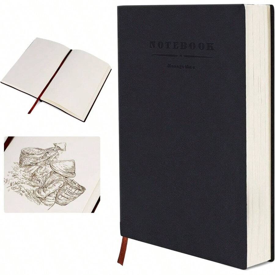 Libreta Hojas Blancas A5 Sketchbook, Cuaderno engrosado 180Hojas/ 360 Pginas, Cuaderno de Notas De 80 GSM, Diario Journal Notebook, Diario para Mujeres y Hombres NegroEn blanco - black(En blanco) - Ver 1