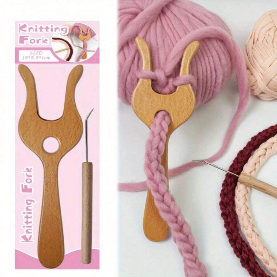 [Wooden Knitting Fork] Heavy-Duty 19cm/7.5in Wooden Knitting Fork| Durable Braiding Tool For Knitting, Crocheting, Macrame, Floral Arrangements| Ideal For Beginners & Expert Crafters - 1 Set - View 1