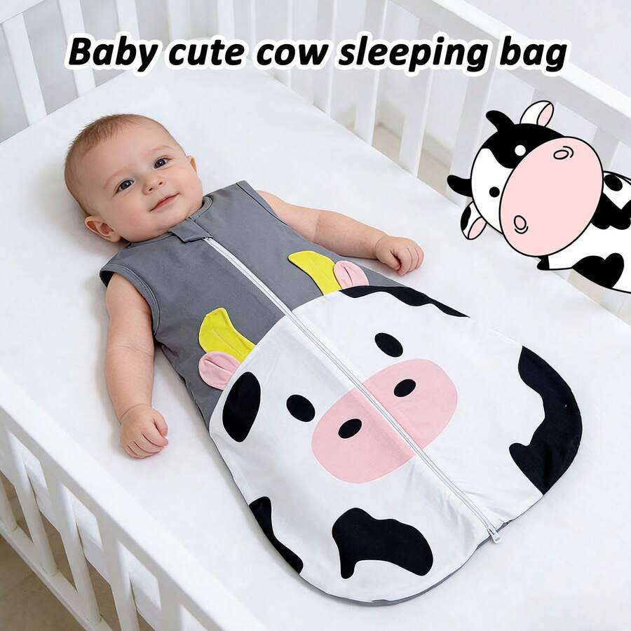1 pieza Saco de dormir sin mangas para bebé con estampado lindo de vaca, suave y transpirable, adecuado para bebés de 0 a 9 meses, ideal para noches acogedoras - Blanco y Negro - Ver 1