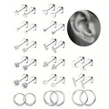 DAILI 5-21对18K镀金小号平底耳钉，男女通用，低过敏性医用不锈钢耳环套装，迷你螺丝耳骨耳钉 - 15對耳環套裝 - 查看 15