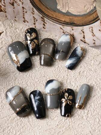 10 st akryl press-on naglar grå halation svart vit gyllene blomma nagel konstnaglar kit innehåller 1 ark självhäftande flikar och 1 st minifil