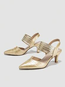 Women's Pointed Toe Asymmetrical Party Gathering Elastic Band Embossed Stiletto High Heel Pumps, Spring/Summer - Gold - View 3