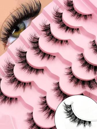 7 Pairs Messy Natural Cat Eye Lashes Clear Band Lashes Cat Eye Look Wispy Lashes Eye End Elongated Full Strip Soft Natural Realistic False Eyelashes For Daily And Party Makeup Use Long Lasting And Natura Looking Eyelash Extensions Makeup