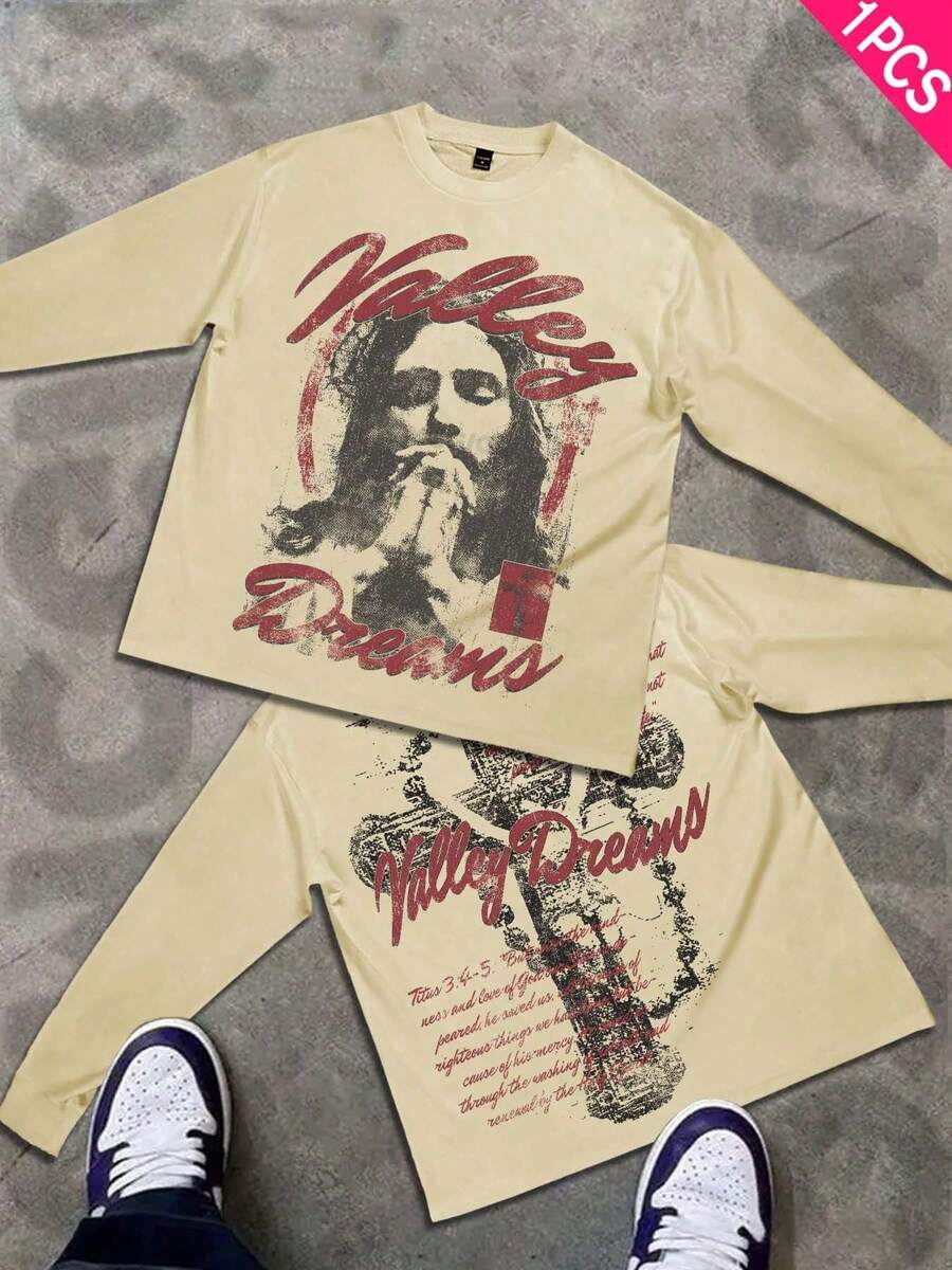 Y2K Style Vintage Motorcycle Printed Men's Long-Sleeve T-Shirt, Street Hip-Hop Style Autumn & Winter Cotton Top, Regular Fit  Digital Print, Ideal For Men's Fashion Outfits & Gifting - Màu be - Xem 1