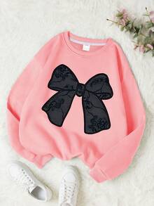 2pcs/Set Girls Bow Print Crew Neck Sweatshirt And Pants, New Fashionable Casual Travel Outfit - Pink - View 4
