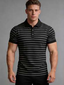 （预购）男士短袖 Polo 衫，黑白条纹，休闲运动百搭上衣 - 黑色 - 查看 2