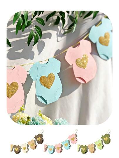 1pc Baby Shower Paper Clothes Banner, Baby Party Paper Flower Wreath, Birthday Party Decoration, Short Sleeved Jumpsuit Hanging Decoration Banner, Used For Gender Disclosure, Birthday Decoration, Holiday Party Decoration, Easy To Assemble