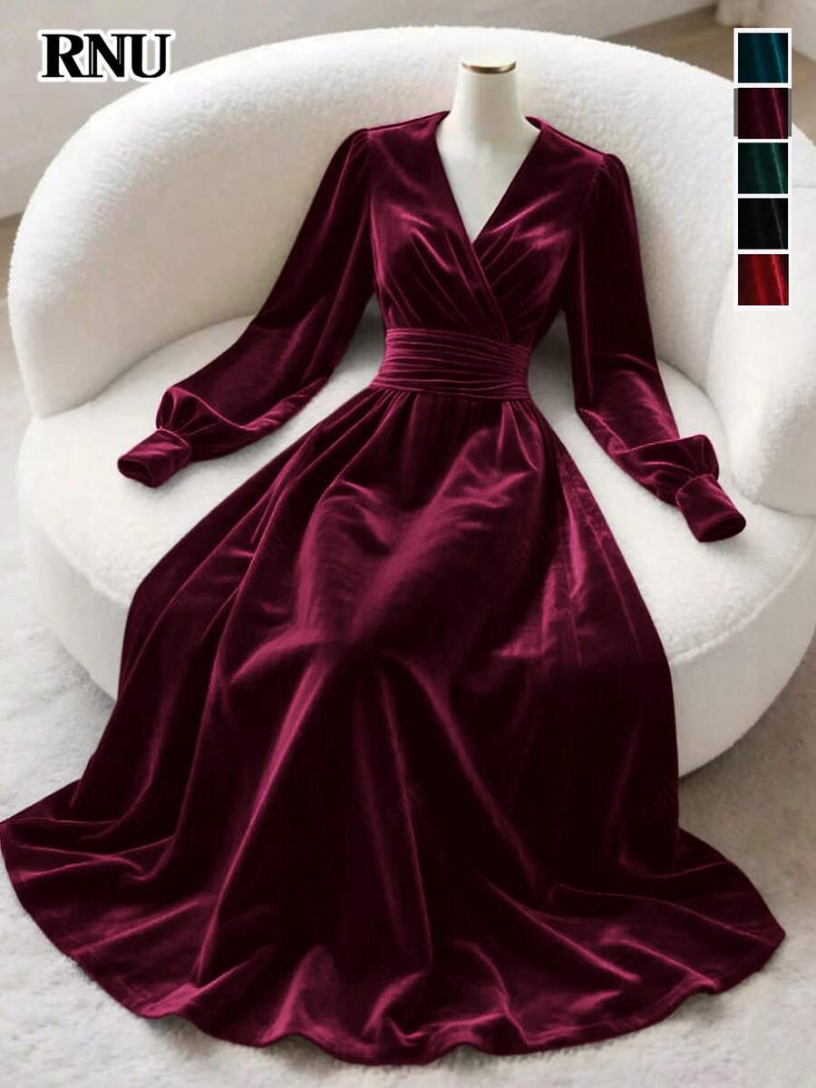 RNU Đầm maxi nhung màu đỏ tía trơn dành cho nữ, cổ chữ V, thiết kế thắt eo, trang phục thanh lịch cho phái nữ, đầm dạ hội thu/đông, thích hợp cho tiệc tùng, hẹn hò, kỳ nghỉ, các dịp thường ngày, đầm maxi xếp ly, đầm sinh nhật màu đỏ, trang phục mùa đông, thời trang đa năng, thiết kế độc đáo, đầm ngày lễ tình nhân, trang phục lễ hội, đầm dài năm mới, đầm maxi dài tay dáng chữ A duyên dáng dành cho khách dự đám cưới, mùa xuân/hè. - Màu đỏ tím - Xem 1