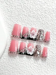 10pcs Shiny Crystal Nail Art Stickers Set, Nude Pink Base Adhesive Nail Decals, Flower Shaped Nail Jewelry, Heart Nail Decorations, Black Gel Nail Polish, Elegant & Luxurious, 3 Sizes Available: Almond, Duck Mouth, Coffin Nail Shapes, Includes Tool Kit (1pc Jelly Sticker + 1pc Nail File), Suitable For Women & Girls, Party & Daily Wear Nail Accessories Nails Nail Supplies - Nhiều màu - Xem 18