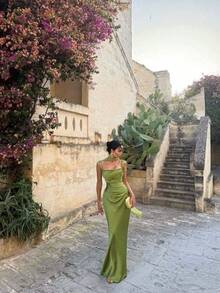 New Fashion Temperament Slim-Fit Solid Color Slim-Fit Dress Including Scarf - 綠色 - 查看 10