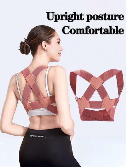 1 件更新的男女通用姿势矫正器，请订购大一码以获得宽松版型，可调节上背部和锁骨支撑，舒适的颈部和肩部对齐（粉色/黑色）