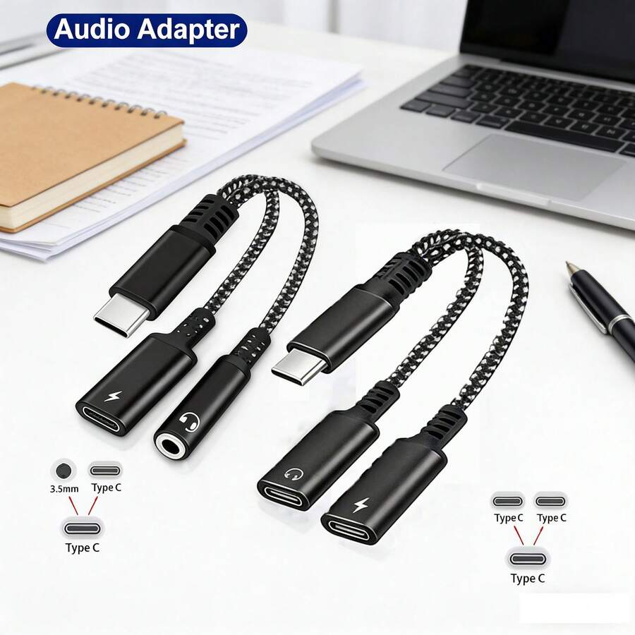 二合一 Type-C 编织转接线，耳机和充电器适配器，USB C 转 AUX 音频插孔快充线，兼容 17/16/15、S25/S24/S23/S22/S21/S20 Ultra Plus 等系列 - 黑色 - 查看 1