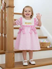 Ddler Baby Girl Easter Outfits Spring Summer Plaid Gingham Dress Bunny Embroidery Round Neck Short Sleeves Bow Dress Cute Clothes - 粉色 - 查看 3