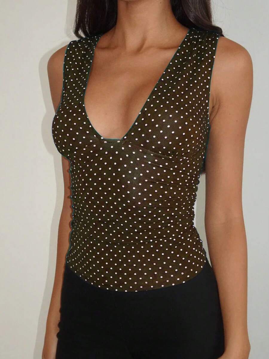 Women's Sleeveless Tank Tops Summer Stylish Dot Print V Neck Slim Fit T-Shirt - nâu nhạt - Xem 1