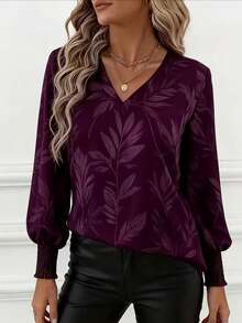 女士优雅树叶印花V领长袖衬衫，适合春秋季假期休闲和正式场合穿着 - 紫色 - 查看 2