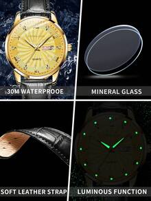 FANSICHEN Men's Waterproof Luminous Leather Watch | Crystal Dial Casual Quartz Wristwatch - Ideal Gift For Men Daily Wear - Gold - View 5