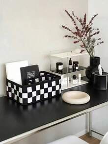 1pc/3pcs Black & White Plaid Storage Basket, Vanity Organizer Bin, Felt Catchall Basket, Multifunctional Desktop Storage Box, Suitable For Storing Cosmetics, Snacks, Toys And Bedroom Items, Desktop Organizer Basket - Black and White Grid - View 3