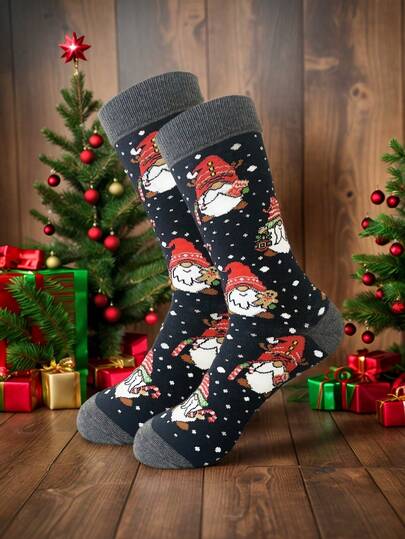 1 Pair Men's Casual Socks Creative Christmas Gnome Pattern (With Candy Cane & Snow Design) Novelty Fun Mid-Leg Socks Breathable Comfortable Perfect Gift
