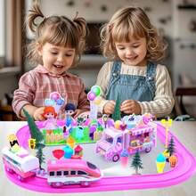 Juegos de trenes rosas para niños pequeños Juguetes de trenes electricos musicales con camion de helados DIY rompecabezas 3D de espuma kit de construccion de escena de fiesta y muñecas para niñasToque real, tren genial - Multicolor - Ver 3