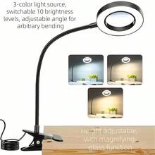 1 件多功能可折叠台夹放大镜灯，3 种颜色灯，10 种亮度等级，适用于焊接、维修、珠宝鉴定、美容、老年人阅读、学习