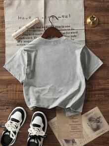 男童休闲印花藏蓝色圆领短袖T恤，夏季上衣 - 淺灰色 - 查看 4