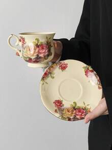 1 Set (1 Cup + 1 Saucer) Nordic Style English Ceramic Rose Coffee Cup & Saucer Set, Hollow Heart Saucer, American Latte Coffee Cup & Saucer, High-End Classical Palace Style Afternoon Tea Cup, Office/Home Tea Cup Set, Breakfast Milk Mug, Valentine's Day/Birthday Gift, Party Supplies, Gift For Boyfriend/Girlfriend - Multicolor - View 11