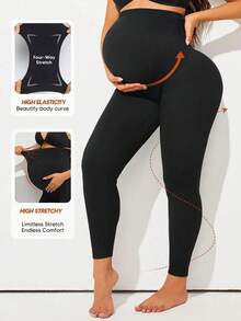 Autumn/Winter New 1 Piece Plus Size Maternity Pants, Black Super High Waist Elastic Maternity Leggings, Adjustable Waistband, Comfortable Soft Yoga Workout Casual Maternity Wear Sports - Black - View 2