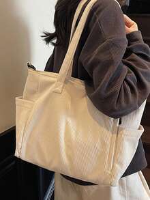 时尚纯色手提包，休闲撞色单肩包，优雅学生背包，适合女性或学生，非常适合携带书籍、购物、返校等。 - 米色 - 查看 1