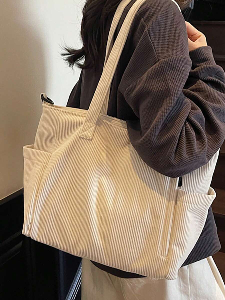 时尚纯色手提包，休闲撞色单肩包，优雅学生背包，适合女性或学生，非常适合携带书籍、购物、返校等。 - 米色 - 查看 1