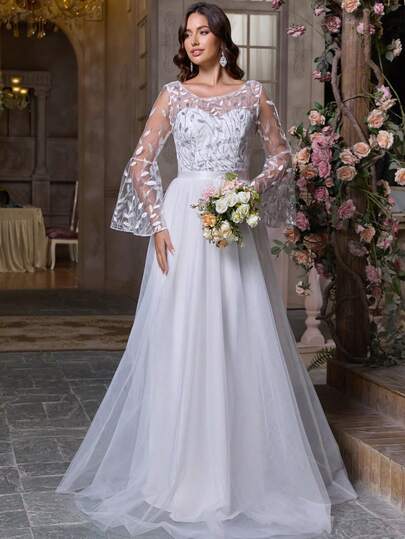 Vestidos de novia elegantes de unicolor, conservadores y elegantes, con malla bordada transparente y cremallera, para ducha nupcial, boda, brunch de compromiso, luna de miel, recepción, cena de ensayo, evento formal, baile de graduación, primavera, verano, otoño, invierno