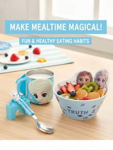 Disney Juego de 3 piezas de vajilla de plástico con licencia oficial que incluye un tazón de Mickey y Minnie, una cuchara y una taza. El tazón tiene el diseño de Elsa de Frozen, y los otros 3 tazones tienen los icónicos oídos de Mickey y lazos de Minnie en rojo, azul y rosa respectivamente. Perfecto para servir postres. - Multicolor - Ver 2