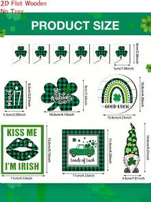 12pcs/Set St. Patrick's Day Wooden Tiered Tray Kit Decoration, 2d Flat Shamrock Flag Gnome Date Tag Lucky Theme Decoration, St. Patrick's Day Gift, Home, Atmosphere, Bar, Desktop Centerpiece Decoration (No Stand & Tray) - Multicolor - View 3