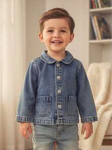 Chaqueta vaquera para niña pequeña, primavera y otoño, color liso, de manga larga, con solapa y botones, ropa para niña pequeña - Azul - Ver 1