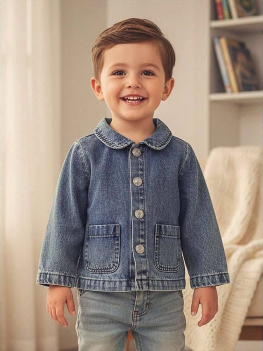 Chaqueta vaquera para niña pequeña, primavera y otoño, color liso, de manga larga, con solapa y botones, ropa para niña pequeña - Azul - Ver 1