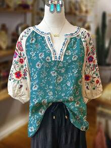 Women's Floral Sleeve Blouse: Boho V-Neck Top With Ditsy White Print On Teal And Colorful Sleeves For Spring Garden Parties, Date Nights, Outdoor Daily Wear And Cozy Loungewear - 混合色 - 查看 1
