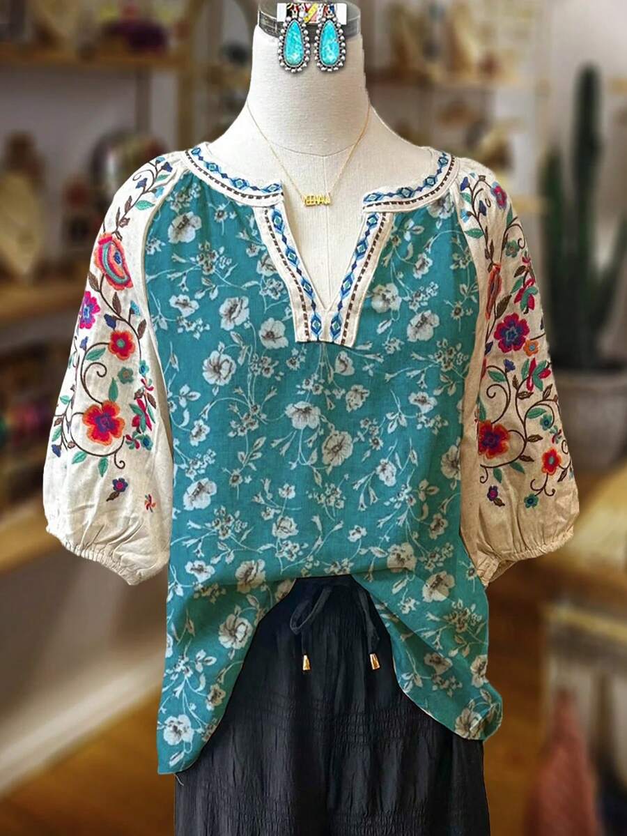Women's Floral Sleeve Blouse: Boho V-Neck Top With Ditsy White Print On Teal And Colorful Sleeves For Spring Garden Parties, Date Nights, Outdoor Daily Wear And Cozy Loungewear - 混合色 - 查看 1