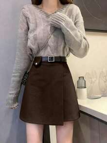 Falda midi de lana de corte asimétrico y cintura alta con diseño de línea A, para primavera - Café integral - Ver 4