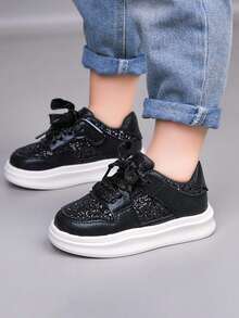 1 Pair Unisex Glitter Flat Sneakers, Soft Sole Non-Slip Infant Casual Walking Shoes, Fashion Versatile Children Outdoor Running Shoes, Suitable For All Seasons - Black - View 7