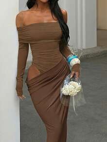 WOWDARK Summer Dress, Brown Elegant Off-Shoulder Mesh Hollow Out Fitted Dress, Formal Party Gown For Women, Suitable For Valentine's Day, Date, Gathering, Party, Travel, Vacation, Beach