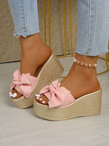 蝴蝶结坡跟露趾舒适拖鞋，夏季 - 粉色 - 查看 4