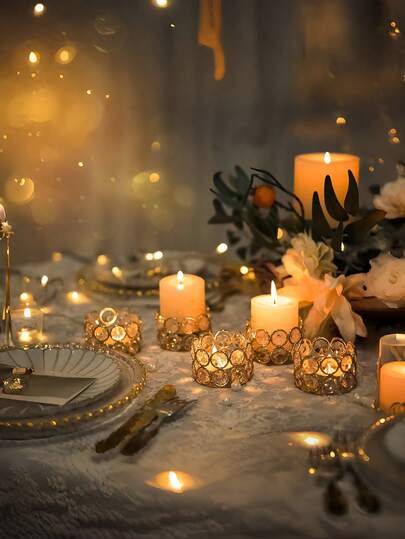 12pcs Crystal Expressing Candle Holders, Elegant Candle Boxes Decorated With Gold, Center Decoration Boxes For Weddings, Home Parties (Candles Not Included)