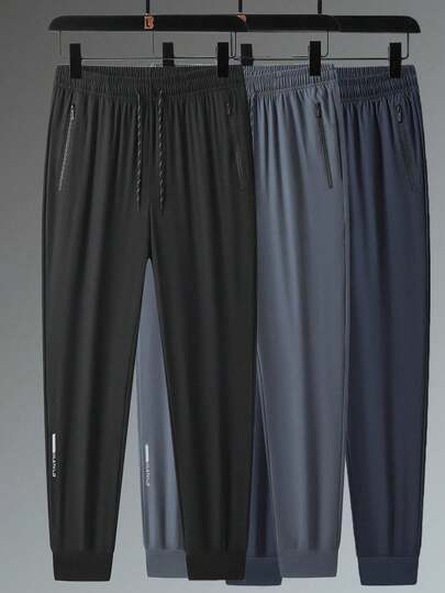 Plus Size Men's Elastic Waist Drawstring Jogger Pants With Zipper Pockets, Casual Sports Trousers For Autumn/Summer