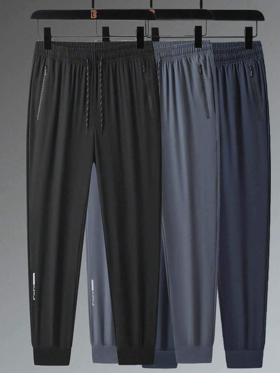 Plus Size Men's Long Pants Autumn/Summer Elastic Sports Casual Joggers With Zipper Pockets And Drawstring Waist Black Fall - Black - View 1