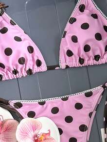 女士性感简约时尚比基尼套装，两件式泳衣，波点印花，挂脖系带，适合海滩、度假、约会，春夏新品 - 粉色 - 查看 5