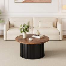 Mesa Redonda con Base de Metal, diseño Moderno de Mediados de Siglo, Mesa Central estriada de 31.9 Pulgadas para Sala de Estar, Ideal para Espacios pequeños y Apartamentos, Retro - Marrón - Ver 6