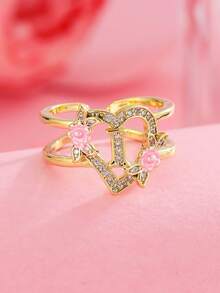 1 pieza Anillo con inicial de flor en tono dorado A-Z con corazón de circonita cúbica, anillo abierto ajustable para mujeres, joyería de regalo de cumpleaños personalizada - Amarillo Oro - Ver 31