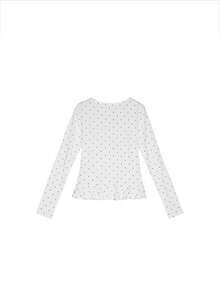 Polka Dot Frill Trim Long Sleeve T-Shirt For Women, Bowknot Tie Design, Slim Fit Round Neck Undershirt - White - View 5