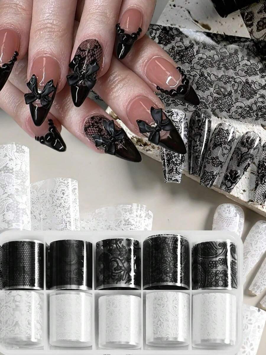 10 Rolls Lace Nail Transfer Foils Black White Sexy Flower Lace Pattern DIY Nail Stickers For Gel Cat Eye Polish Nail Artist Tools Nail Supplies - Multicolor - View 1