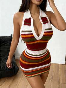 Elegant Women Cable Knit Sweater Dress, Long Sleeve Short Knit Top Set, High Elasticity, Suitable For Winter Party Wear - MultiWarna - View 7